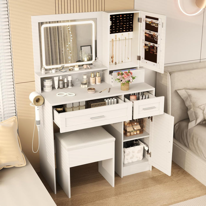 Vanity Desk with Mirror and Lights, 35.5'' Farmhouse Dressing Table with Jewelry Cabinet, Charging Station, Storage Drawers, Padded Stool, White Makeup Vanity Set for Bedroom