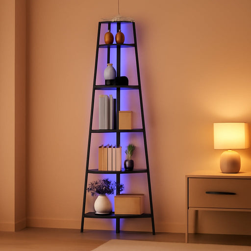 Corner Shelf Stand, 5-Tier Corner Bookshelf with LED Light Corner Shelves for Bedroom, Tall Corner Book Shelf with Steel Frame Corner Bookcase Book Shelves Display Shelf for Living Room Office