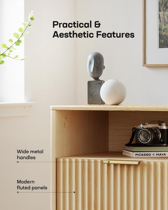 59″ Wide TV Stand for Tvs up to 65″, Modern Entertainment Center with Fluted Panels, 3 Easy-Sliding Drawers, Open Shelves & Cable Hole, 3-Tier TV Stands for Living Room & Bedroom, Natural Oak