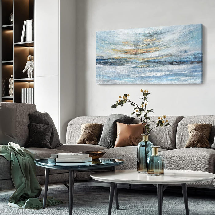 Abstract Wall Art for Living Room Large Framed Light Blue Canvas Print Coastal Theme Artwork Modern Ocean Skyline and Sunset & Sunrise in the Seaside Painting for Home Bedroom Décor 48X24Inch