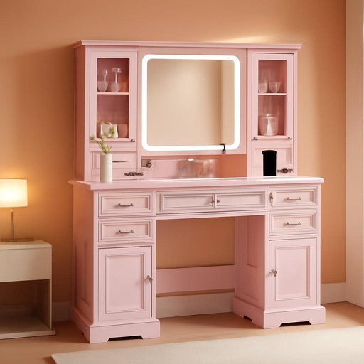 Vanity Desk with Lights, Large LED Mirror with 3 Color Modes, Makeup Vanity with Power Outlet & USB Ports, 6 Drawers & 2 RGB Glass Cabinets, Farmhouse Dressing Table for Women & Girls (Pink)