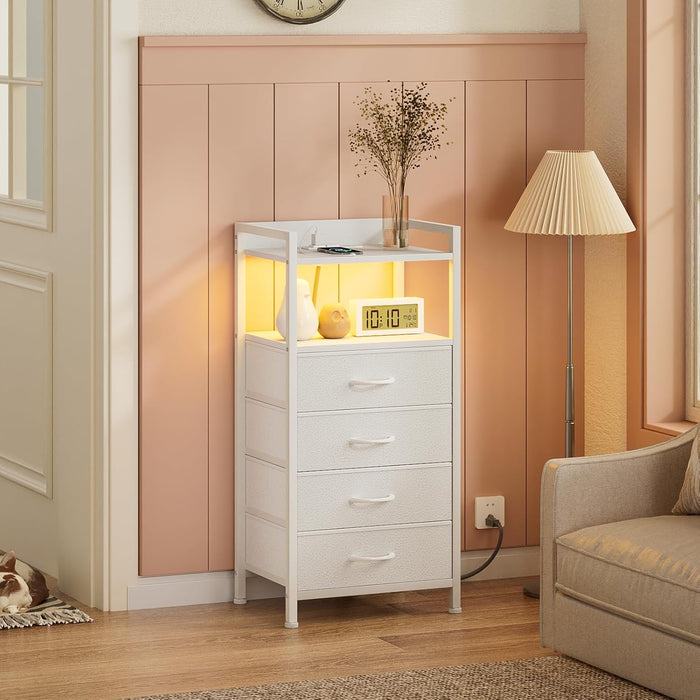 White Nightstand With Charging Station LED Lighting
