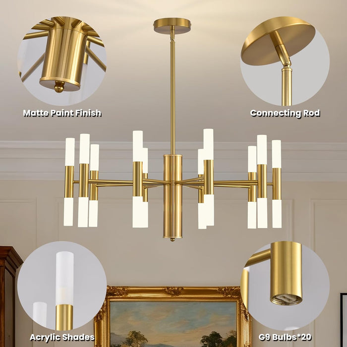 Modern Gold Chandelier 20-Light, Large Luxury round Candle Chandeliers with Acrylic Shades, 26.7" Dining Room Light Fixture for High Ceilings, Living Room, Foyer, Entryway, G9 Base