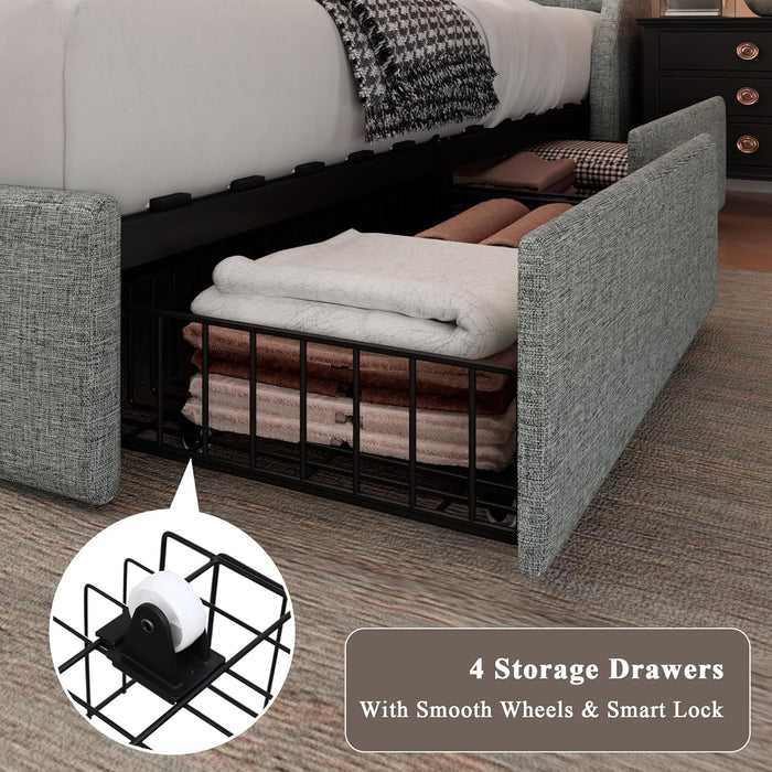 Upholstered Full Size Bed Frame with 4 Storage Drawers, Charging Station and Tufted Wingback Storage Headboard, No Box Spring Needed, Easy Assembly, Light Grey