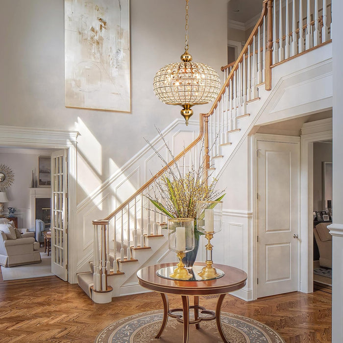 Gold Crystal Chandelier, 16.5" Modern 4-Light round Crystal Pendant Light Antique Globe Foyer Chandelier for Dining Room Living Room