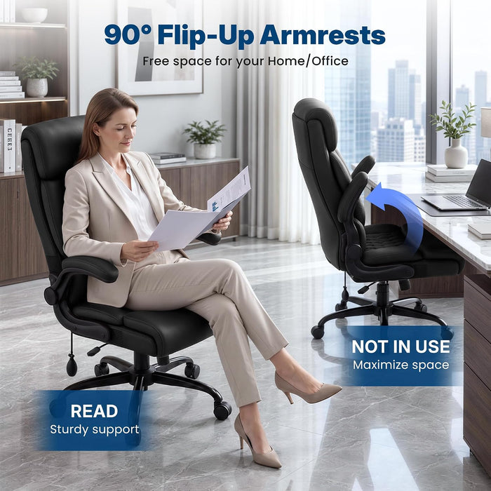 Office Chair, High Back Ergonomic Desk Chair with Inflatable Lumbar Support for Lower Back Pain Relief, Executive Leather Computer Chair with Rocking Function & Padded Flip-Up Arm
