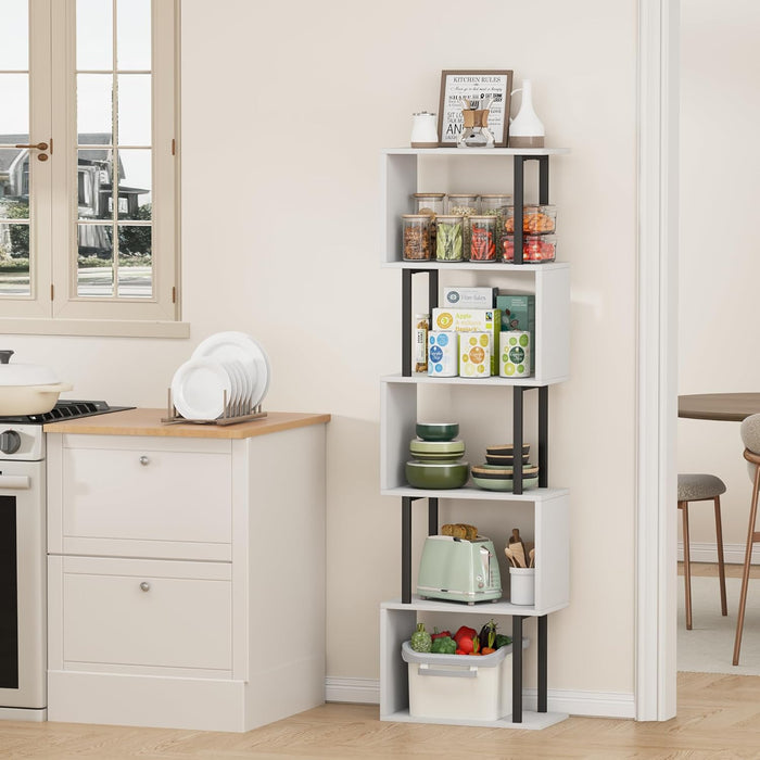 5-Tier Bookshelf, Narrow S-Shaped Geometric Bookcase, Wood Decorative Storage Shelving, Modern Freestanding Display Shelves, Book Shelf Unit for Living Room Bedroom Home Office, White