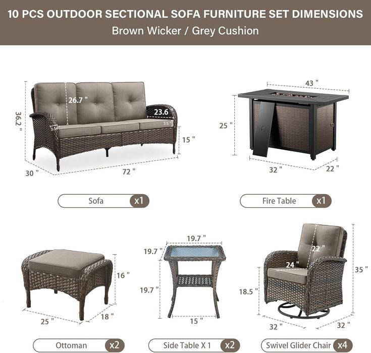 Expansive 10 Pieces Outdoor Patio Furniture Set with 43” Propane Fire Pit Table, Patio Conversation Set with Swivel Rocker Outdoor Chairs Set of 4 and Sofa, Ottoman and Wicker Side Table Brown