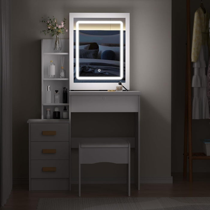 White Vanity Desk With Mirror Lights StorageDrawers