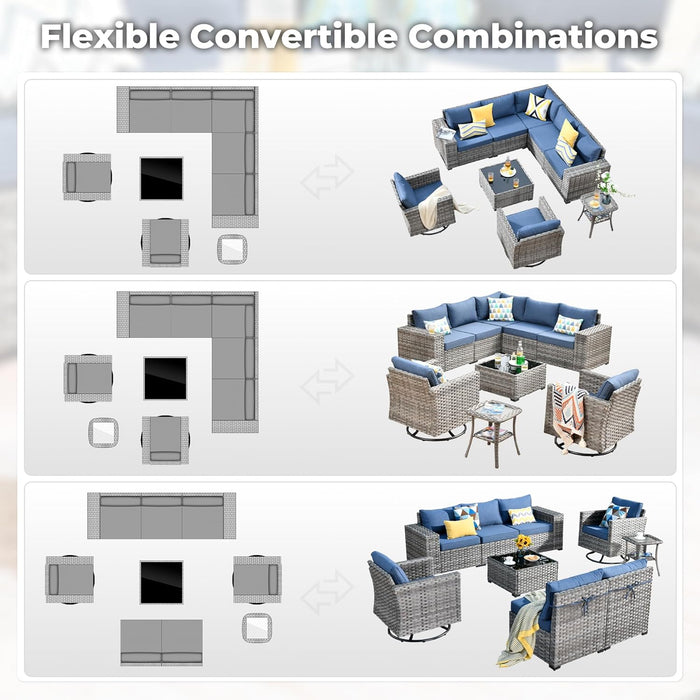 9 Pieces Patio Furniture Set, Outdoor Wicker Sectional Sofa with 2 Swivel Chairs Coffee Table, Modern Modular Deep Seat Rattan Couch Conversation Sets, Denim Blue