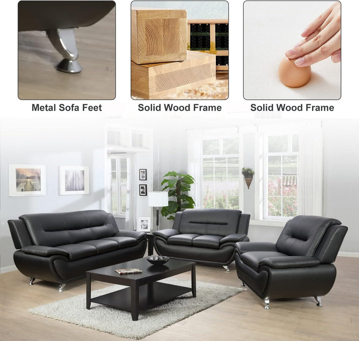 Modern Living Room Furniture Set,Leather Sofa Set for Living Room,Leather Couch Living Room Set for Office (Sofa and Loveseat Set,Black 2)