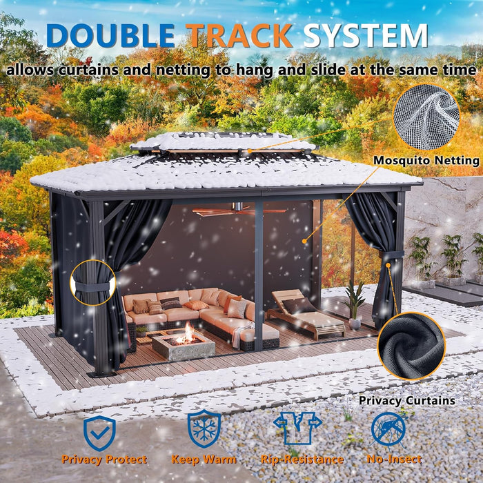 10X15 Hardtop Gazebo on Clearance with Heavy Duty Galvanized Steel Metal Roof, Patio Hard Top Gazebo with Curtains & Netting,Outdoor Permanent Hot Tub Gazebo Pavillon for Backyard,Deck,Black