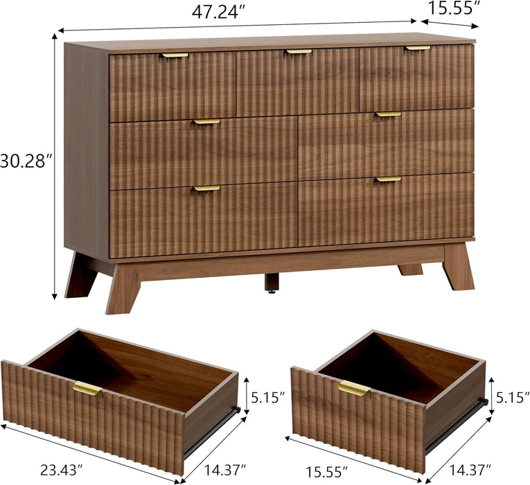 7 Drawer Fluted Dresser for Bedroom, Mid Century Modern Wooden Dresser with 7 Drawers, Dressers & Chests of Drawers with Metal Handle, TV Stand & Storage Organizer for Entryway, Hallway, Walnut