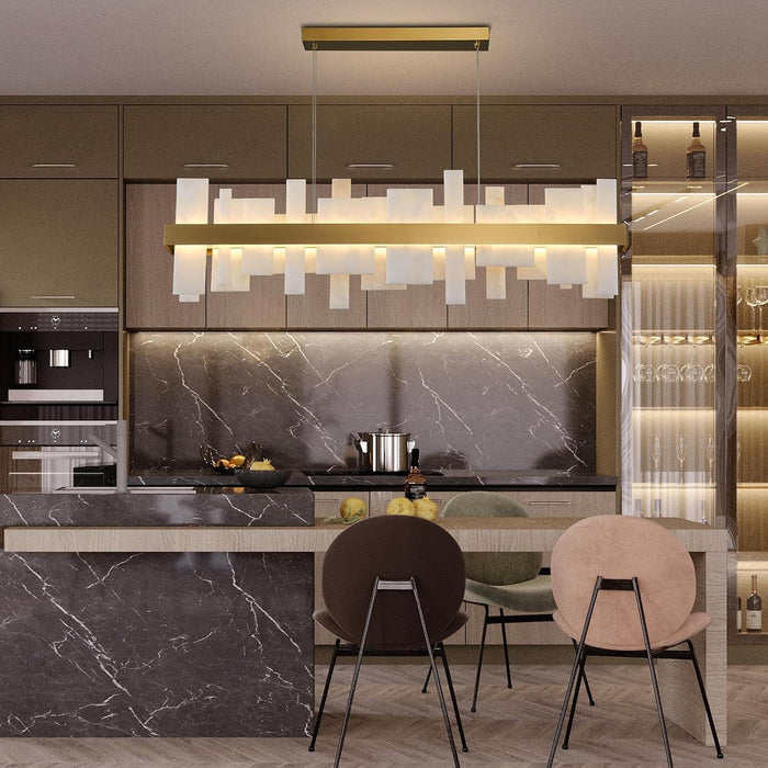 Alabaster Rectangle Chandelier, Natural Spanish Stone Texture Chandeliers, 46.8" Adjustable Alabaster Chandelier over Table for Dining Room, Bedroom, Island– Modern Luxury Ceiling Lighting