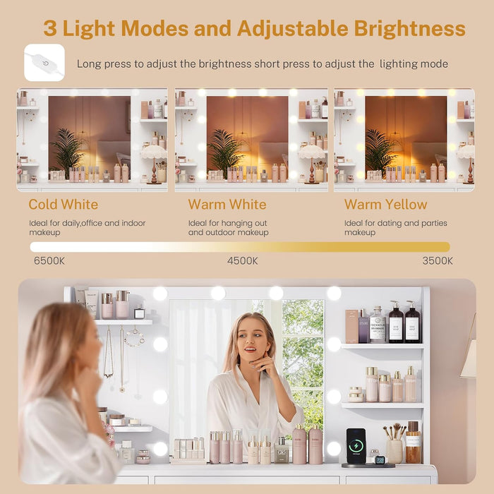 Vanity Desk with Mirror and Lights, Makeup Vanity with 9 Drawers, 4 Shelves & 5 Jewel Hooks, White Vanity with Outlet & 3-Color Dimmable LED, Dressing Table for Women, Bedroom, White