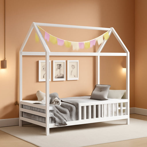 Twin SolidPine Montessori Floorbed White With Roof