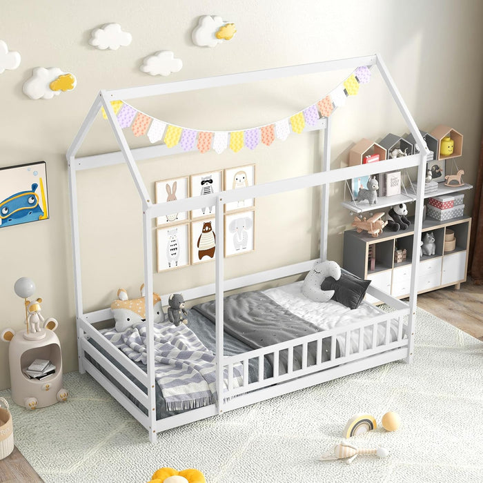 Twin SolidPine Montessori Floorbed White With Roof