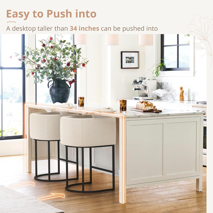 27" H Counter Height Bar Stools, Modern Barrel Counter Stools with Backrest and Arms, Black Metal Frames, Linen Fabric Upholstered Accent Barstools for Kitchen Island, Linen Color