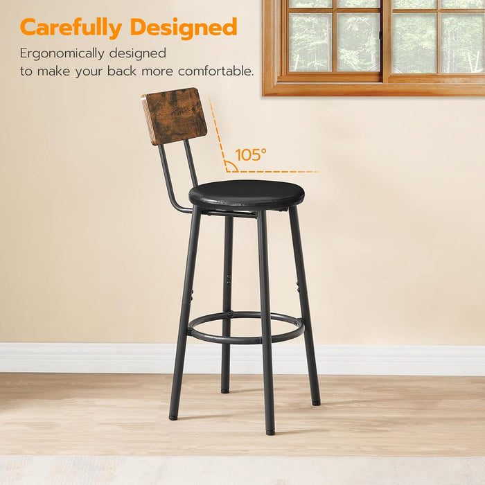 Bar Stools, Bar Stools Set of 3 with PU Upholstered, Bar Chairs with Footrest and Back, 26" Barstools for Kitchen Sland, Dining Room, Easy to Assemble, Rustic Brown and Black BF31BYP301G2