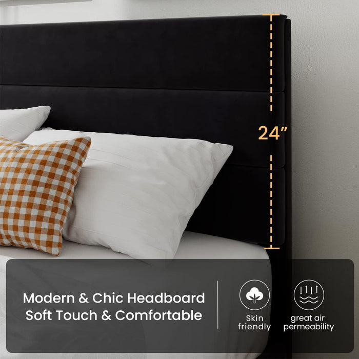 King Platform Bed Frame with Velvet Upholstered Headboard, Mattress Foundation with Strong Wooden Slats Support, No Box Spring Needed, Black