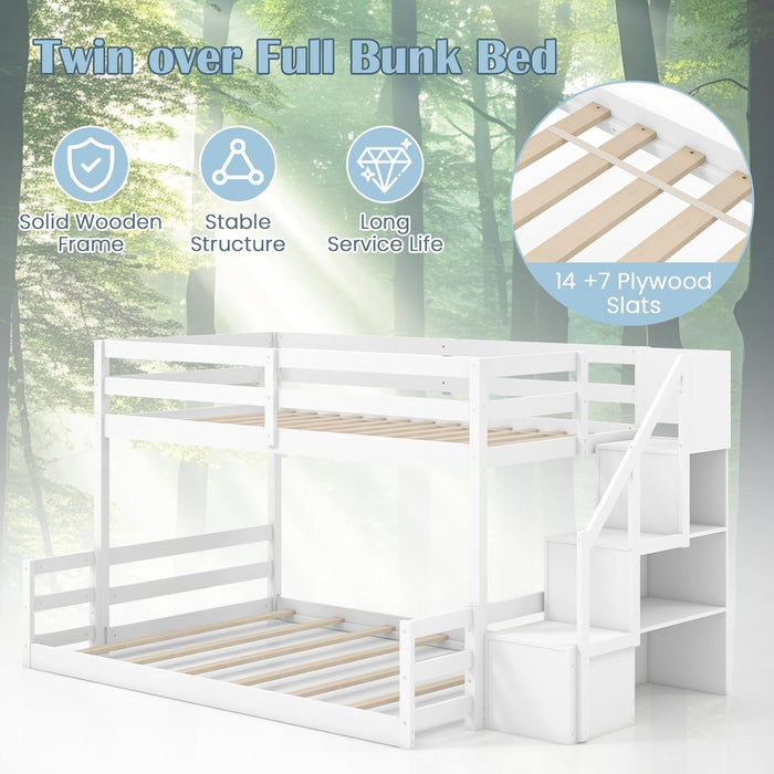 White SolidWood TwinOverFullBunkBed StairsGuardRails