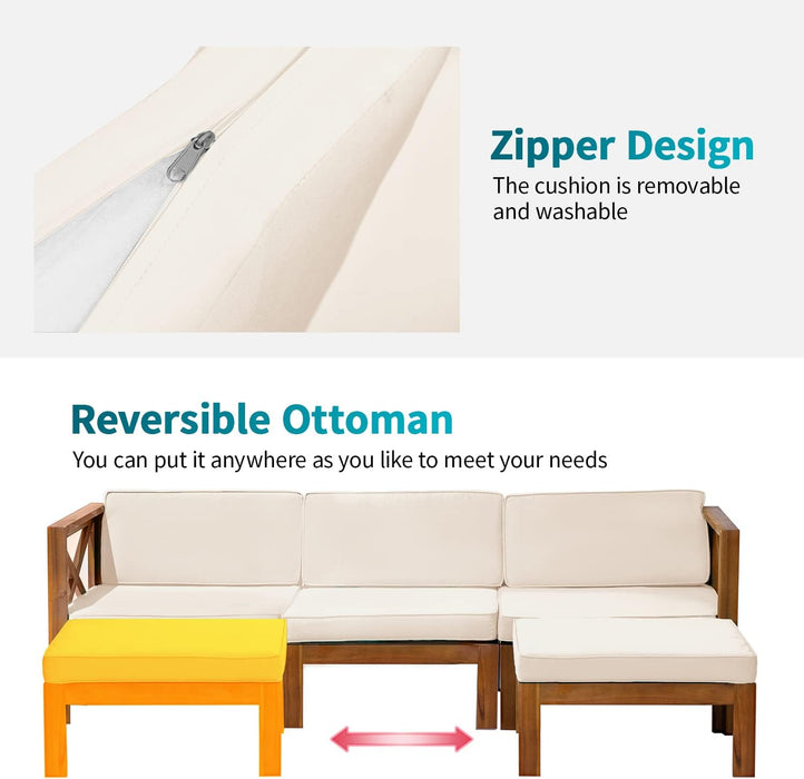 5-Piece Acacia Wood Outdoor Sofa Set Patio Bistro Set Furniture Outdoor Chat Conversation Table Chair Set with Water Resistant Cushions and Coffee Table for Beach Backyard Garden