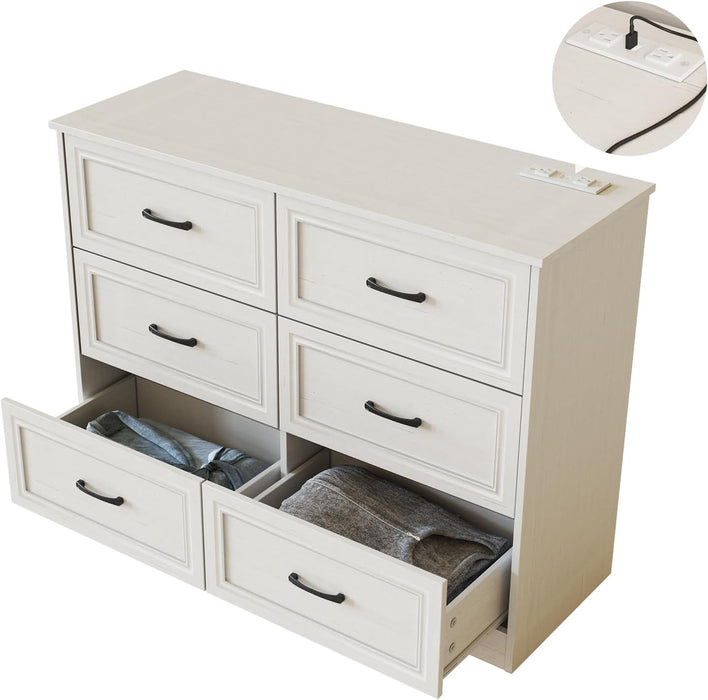Dresser for Bedroom, 6 Drawer Wide Dresser Organizer with Charging Station for Hallway with Metal Handles, Woodgrain White