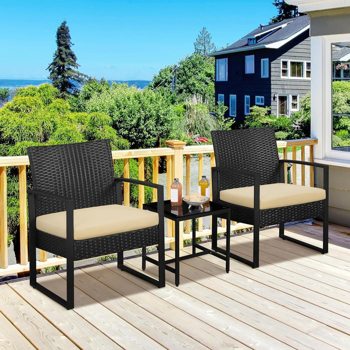 3 Pieces Rattan Bistro Set, Indoor/Outdoor Wicker Patio Modern Conversation Furniture, 2 Chairs & Tempered Glass Coffee Table for Garden, Balcony, Backyard, Poolside, Black/Khaki