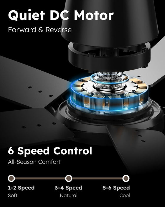 52 Inch Ceiling Fans with Lights and Remote, Black Low Profile Ceiling Fan, Flush Mount Style with 5 Blades, for Indoor Bedroom Living Room/Outdoor, 6 Speed Reversible DC Motor, 3CCT Dimmable LED