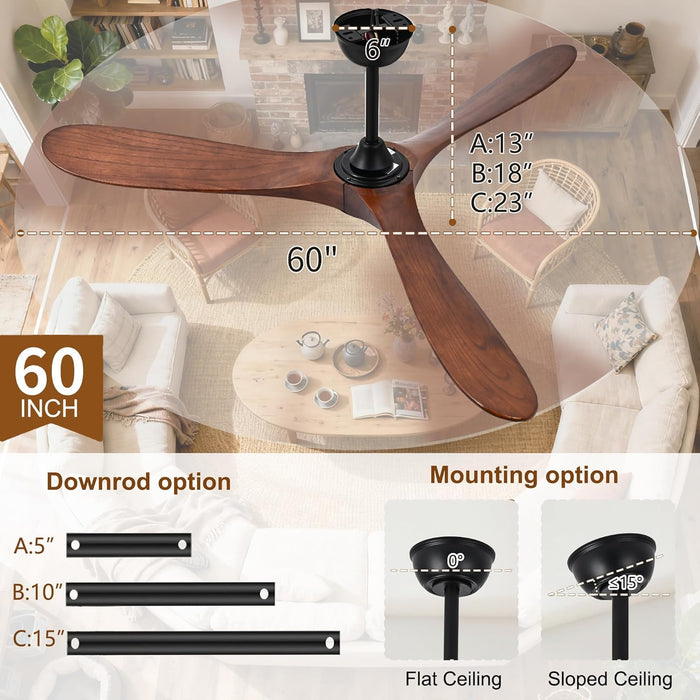 60 Inch Ceiling Fan No Light, Wood Indoor Outdoor Ceiling Fans for Patios Living Room Bedroom Gazebo, Big High CFM Wet Rated Wooden Propeller Ceiling Fan for Sloped Ceiling (Walnut)