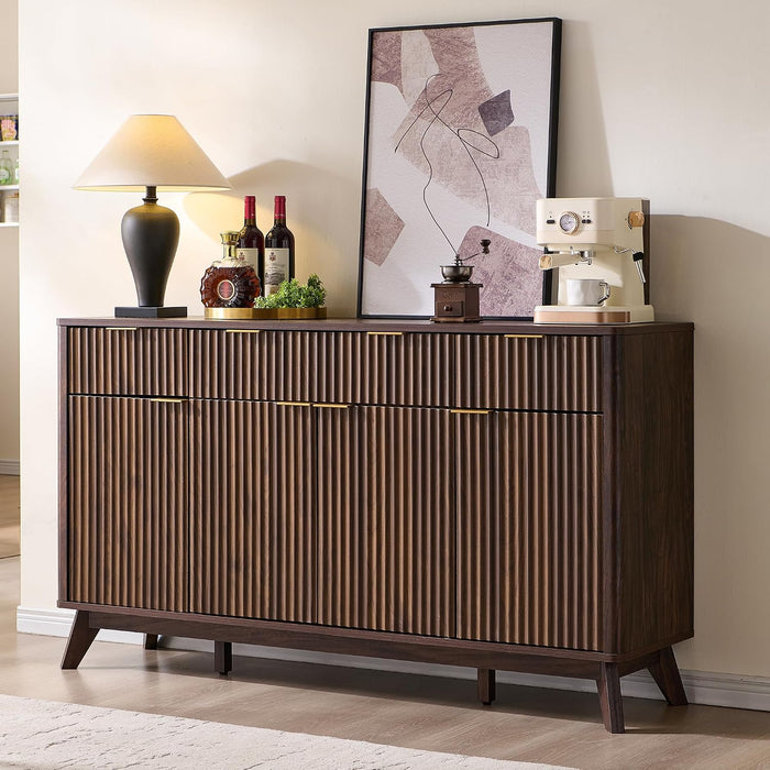60 Inch Fluted Buffet Sideboard Cabinet, Dark Walnut | Modern Coffee Bar Storage Cabinet with 3 Drawers & 4 Doors, for Dining Room, Living Room, Hallway, Adjustable Shelves
