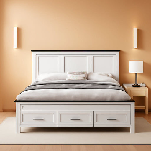 Farmhouse Queen Size Bed Frame with 52" Tall Headboard, Wood Platform Bedframe with Footboard and Storage Drawers, No Squeak, No Box Spring Needed, off White