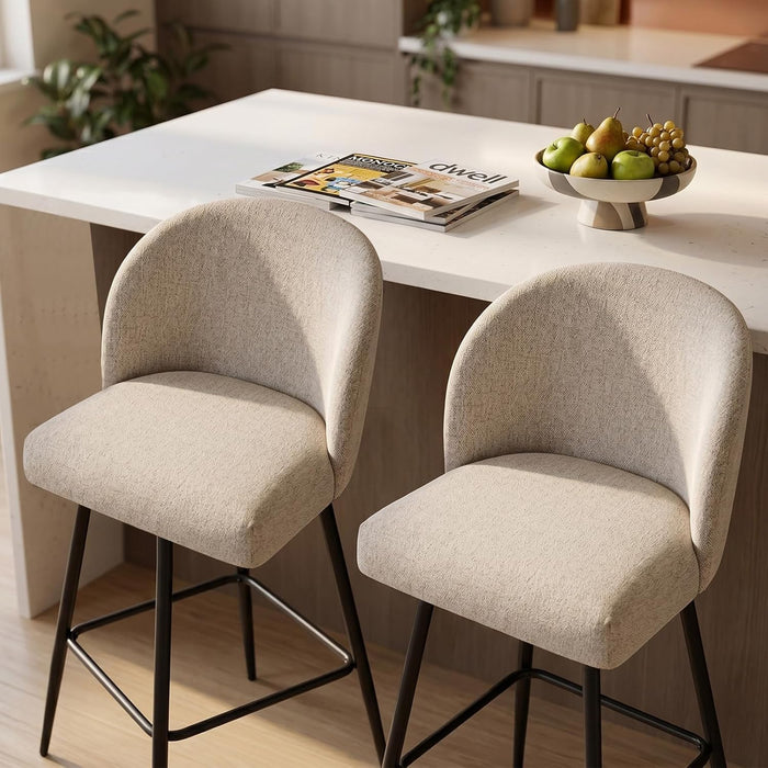 Counter Height Bar Stools Set of 2, 360° Swivel Upholstered Barstools with Backs and Metal Legs, 26" H Seat Height, Linen Fabric in Redish Sand