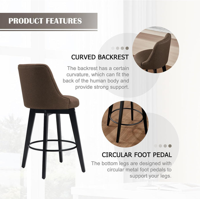 Bar Stools Set of 2, Swivel Barstools with Backs and Wood Legs, 27" Linen Fabric Upholstered Bar Chairs for Kitchen Island, Dining, Cafe, Pub（Sepia）
