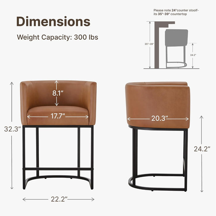 24" Counter Height Bar Stools Set of 4, Modern Barrel Counter Stools with Backrest and Arms, Faux Leather Upholstered Accent Barstools with Metal Legs for Kitchen Island,Brown