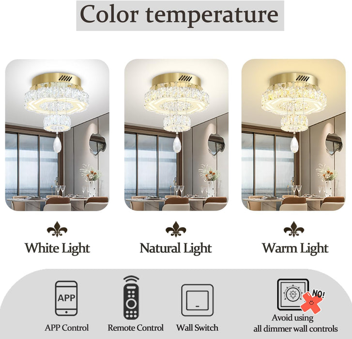 Small Crystal Chandeliers Dia 12" Gold Chandelier Flush Mount Ceiling Light for Bedroom Living Room Dining Room Hallway Dimmable 3 Rings LED Celing Lighting Fixtures