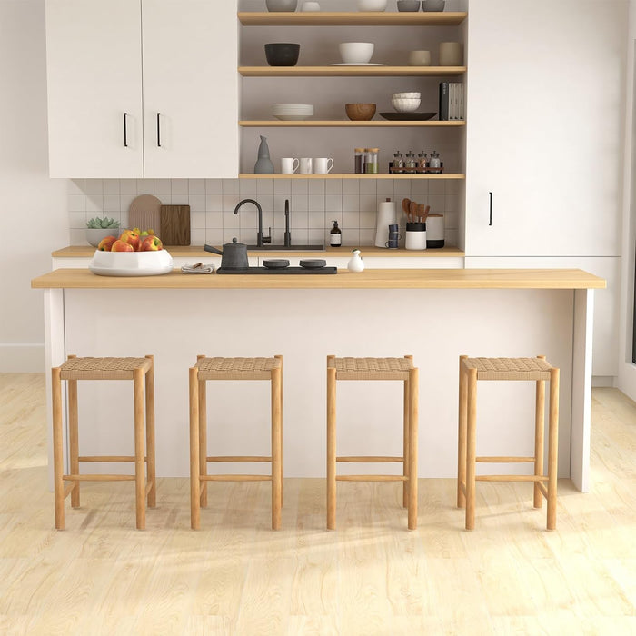26" Counter Height Wood Bar Stools Set of 2, Boho Rattan Barstools, Max Load 330 Lbs, Armless Saddle Kitchen Stools, Backless Wicker Bar Stools for Kitchen Counter Indoor Outdoor