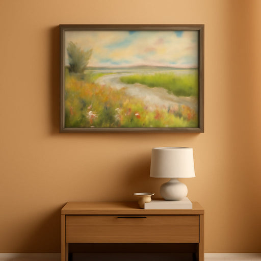 Rustic Landscape Framed Wall Art - Countryside Stream Painting Lake Scenery Picture Colorful Spring Nature Artwork Decor for Living Room
