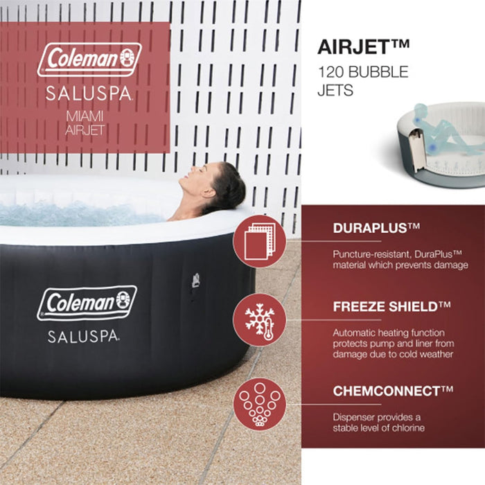 Saluspa Miami Airjet 2 to 4 Person round Inflatable Hot Tub Portable Outdoor Spa with 60 Soothing Airjets and Insulated Cover, Black