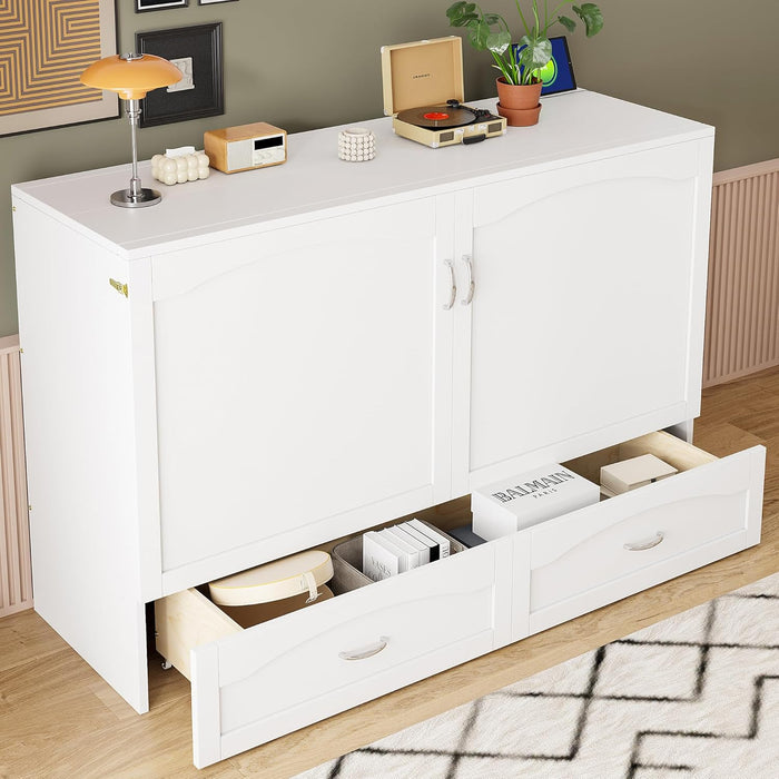 Queen Size Murphy Bed Cabinet Wall Bed Chest with Storage Drawer,Usb,Charging Station, Wood Murphy Bed Frame for Home Office or Small Room-White