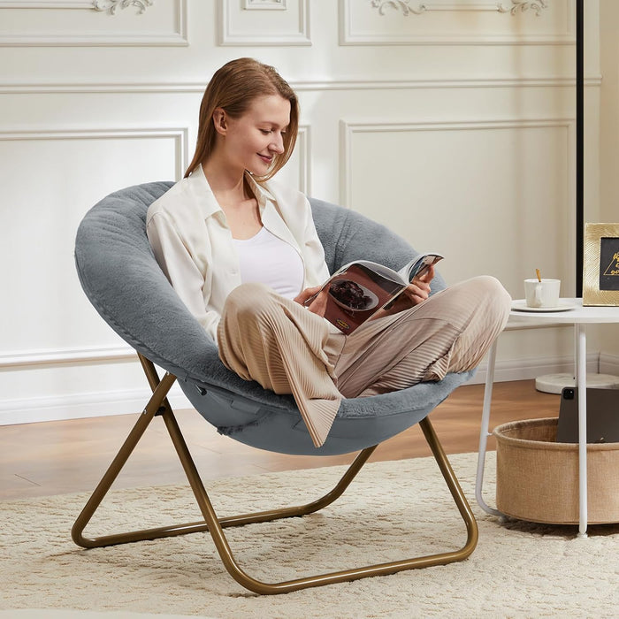 Comfy Saucer Chairs Cozy Faux Fur Soft Lounge Cute Folding Bedroom Living Room Seat Flexible Reading Foldable Seating for Kids Adults Thick Padded Metal Frame Modern for Home Office Classic Gray