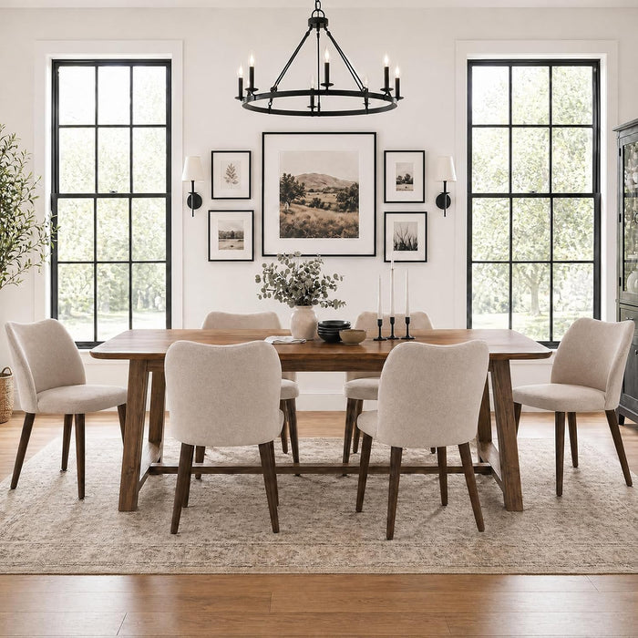 Dining Chairs Set of 6, Upholstered Fabric Kitchen Chairs with Curved Back, Padded Seat and Solid Wood Legs, Modern Dining Chair for Kitchen Dining Room, Camel