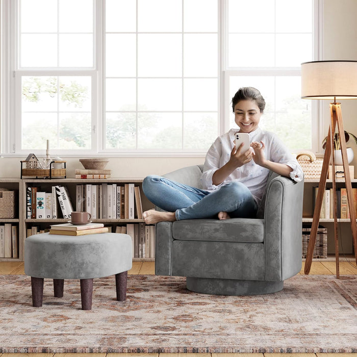 Swivel Accent Chair with Ottoman: Small Velvet Barrel Chair 360 Swivel Modern Armchair, Upholstered Reading Chair with Footrest for Living Room Bedroom Study Room (Grey)