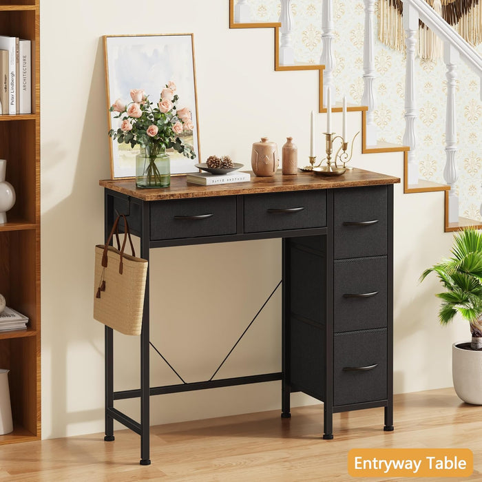 Small Desk with 5 Fabric Drawers, 33 Inch Writing Desk for Home Office, Simple PC Desks for Small Place, Kids Girls Teen Study Table Vanity for Bedroom, Dorm, Rustic Brown, 14" D