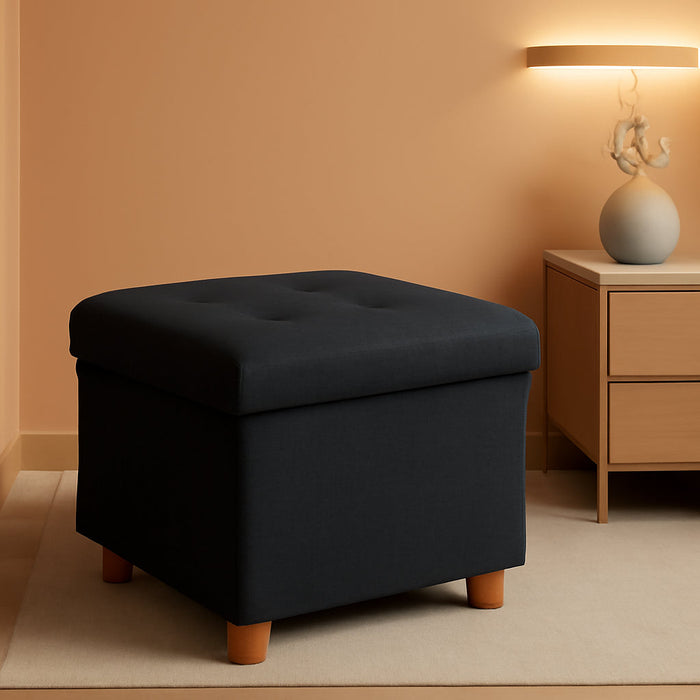 Storage Ottoman with Tray, Foot Stools and Ottomans with Legs, Storage Cube Seat Linen Black 15"