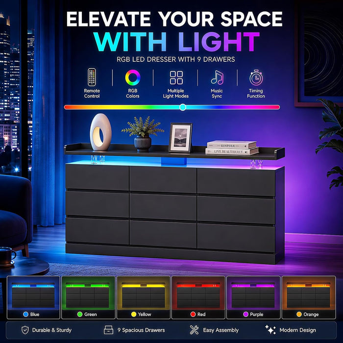 63" 9 Drawer Dresser with LED Light, Black