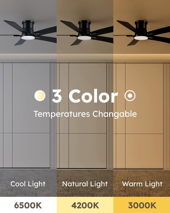 52 Inch Ceiling Fans with Lights and Remote, Black Low Profile Ceiling Fan, Flush Mount Style with 5 Blades, for Indoor Bedroom Living Room/Outdoor, 6 Speed Reversible DC Motor, 3CCT Dimmable LED