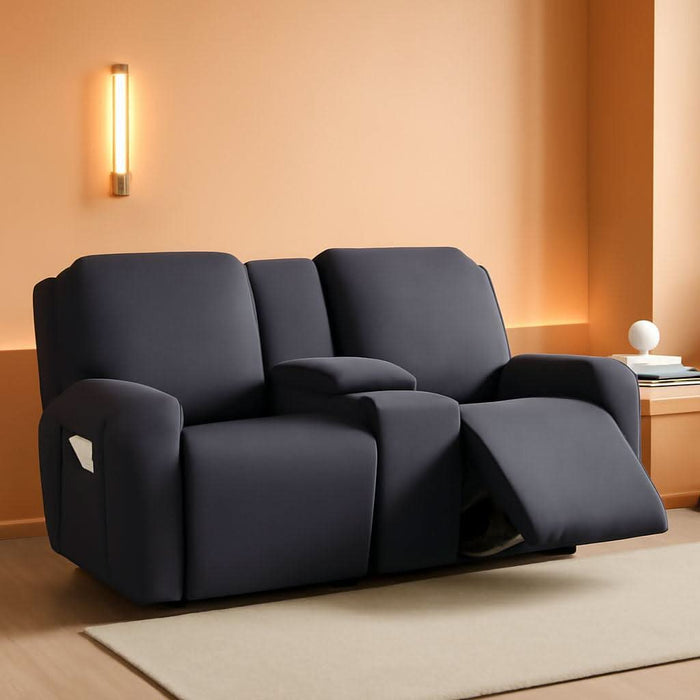 Reclining Loveseat with Middle Console Slipcover, 4 Piece Polyester Fabric Stretch Loveseat Reclining Sofa Covers (Dark Gray, 2 Seat Recliner Cover with Console)