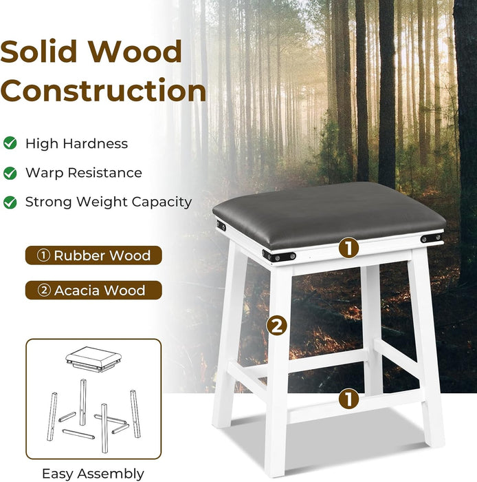 24" Counter Height Bar Stools Set of 2, Faux PU Leather Farmhouse Wood Barstools with Padded Seat, Solid Wood Frame, Max Load 330 Lbs, Saddle Stools for Kitchen Island Pub, White
