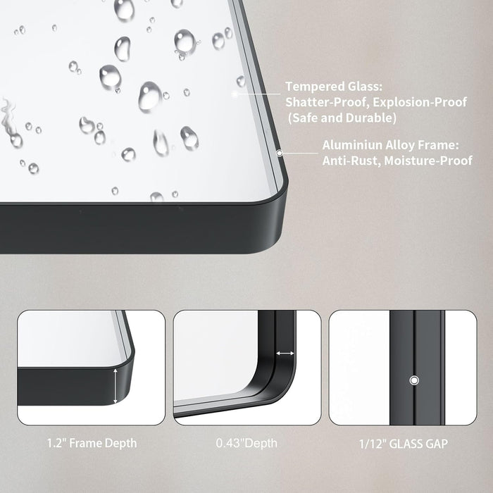 Matte Black Tempered Metal Framed Mirror 50x30Inches